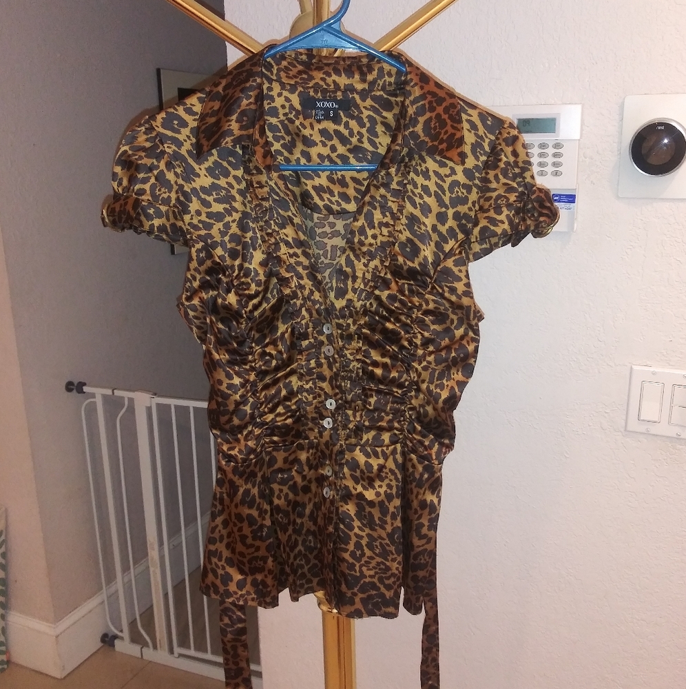 XOXO Silk Leopard Print Button Down Blouse